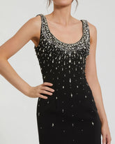 Black Beaded Crepe Scoop Neck Sleeveless Midi Dress